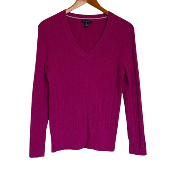Tommy Hilfiger  Sweater Women‎ X Large Pink Fisherman Tennis Cable Knit V Neck - Picture 1 of 7